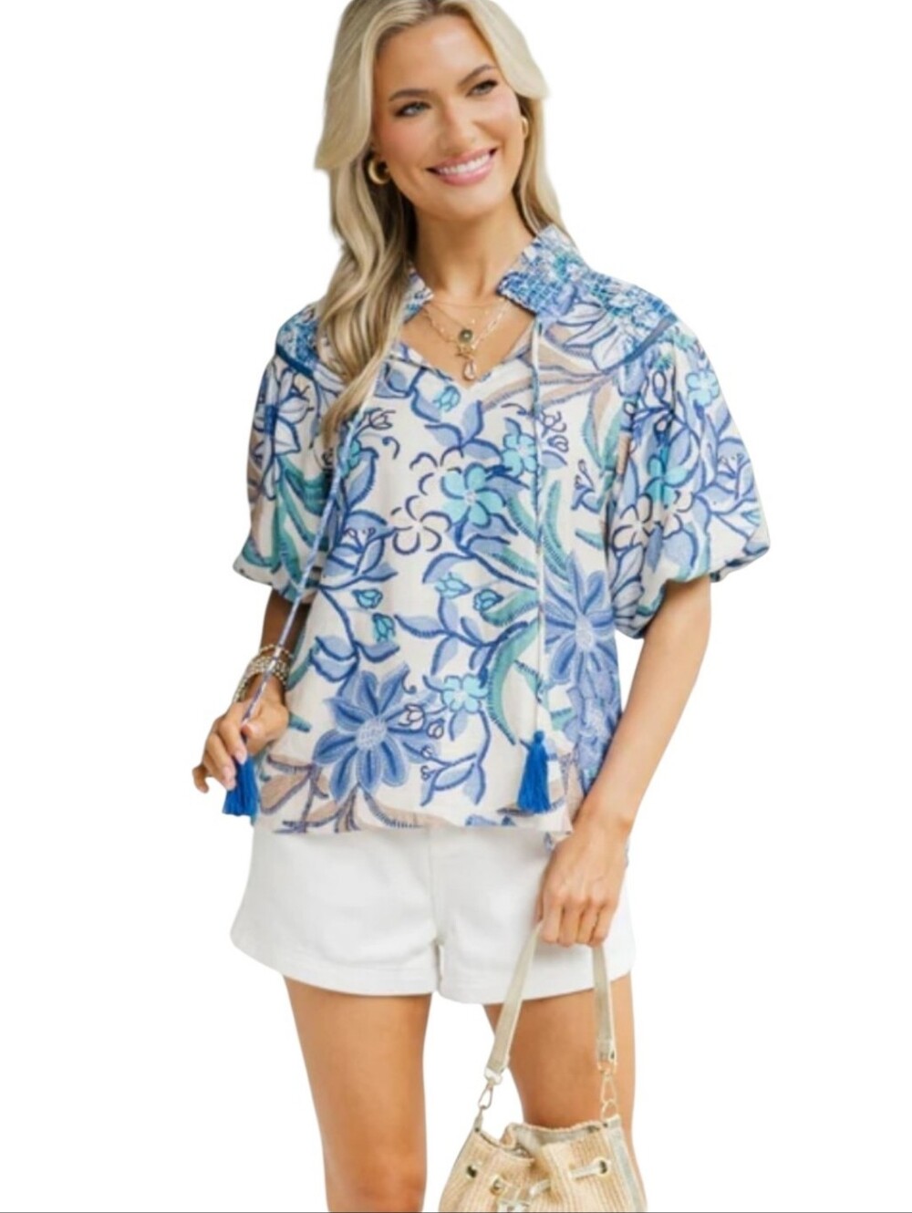 Women's Voy Blue Floral Print Top Sz Medium